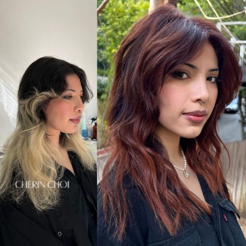 Before and after. Fresh color for @igo2sl33p grown out bleach and tone blended with a full highlight and #cherrycola color #hair #haircolor #color by #mizzchoi #losangeles #maneAddicts #LAhair #lahaircolorist #lahairstylist #lahaircolor...
