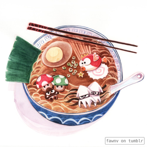 fawnv: My little painting progress from my new watercolor piece “Ramen for Champion.”&nb