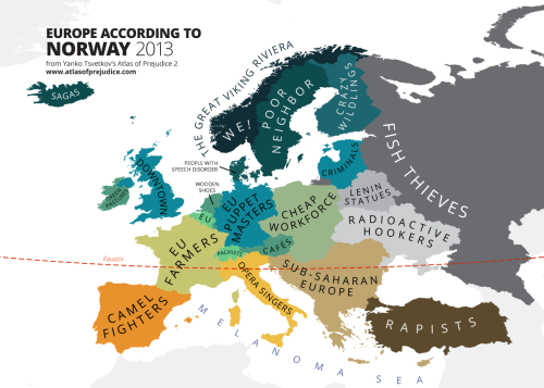 mapsontheweb:atlasofprejudice:Europe According to Norway (2013) from Atlas of Prejudice 2 by Yanko T