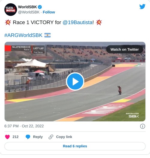 💥 Race 1 VICTORY for @19Bautista! 💥#ARGWorldSBK 🇦🇷 pic.twitter.com/GHcGqhfCHJ  — WorldSBK (@WorldSBK) October 22, 2022