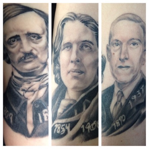 thegothicalice:Since it’s a hair dying and work day, no OOTD. But here are my healed writers on my left arm (Poe, Wilde, and Lovecraft). It’s bit distorted because it isn’t easy taking pictures of your own arm!