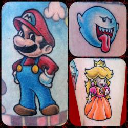 jobyc:  Started a super fun rework of a #mariobros #sleeve we only we’re able to tackle 3 characters so I’ll get a full shot after the next session. #Mario #princesspeach #kirby #boo #nintendo #supernes #newschooltattoo #8bit #joby #jobyc #jobycummings