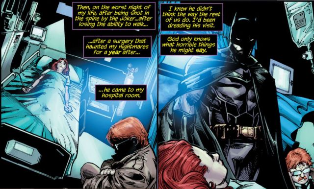 image: a comic panel showing barbara gordon laying in a hospital bed at night. her dad, jim, is sitting in a chair with his arms crossed, asleep. moonlight comes in from the window. barbara thinks "then, on the worst night of my life, after being shot in the spine by the Joker... after losing my ability to walk... after a surgery that haunted my nightmares for a year after... he came to my hospital room." we see bruce wayne as batman standing in front of the window. barbara keeps thinking "I knew he didn't think the way the rest of us do. I'd been dreading his visit. god only knows what horrible things he might say."