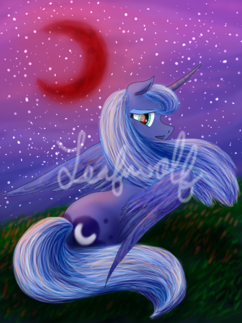 askforgottenluna:  Thank you for 50+ followers! :D Here’s a pic of Luna under a red moon for kicks, plus the lighting is fun to work with. Art© leafwolfuniverse.tumblr.com Princess Luna/MLP © Hasbro