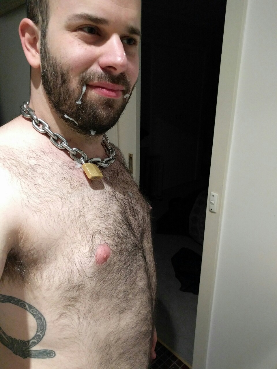 sungodprime:  Master jerked off above me, the result is a glorious mess of cum. Some