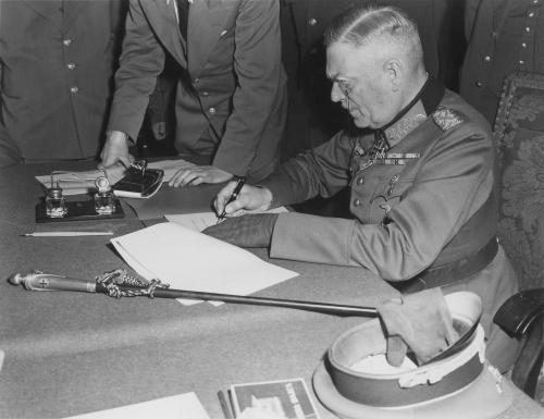 Field Marshall Wilhelm Keitel signing the unconditional surrender of the German Wehrmacht at the Sov