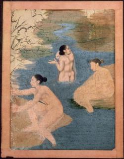 museeguimet:  Le bain de trois femmes dans une rivièreAncienne collection Abbé Victor BrogniartÉpoque moghole (17e siècle)détrempe, peinture sur papierInde &copy; RMN-Grand Palais (musée Guimet, Paris) / Daniel Arnaudet Section Inde du musée Guimet