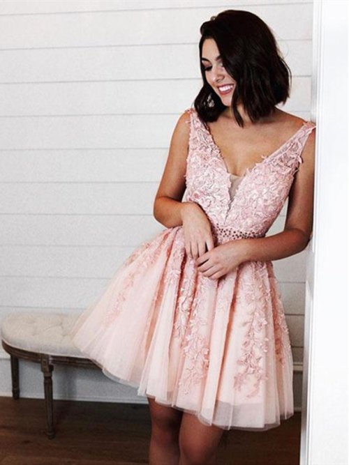 jbydress: Short V Neck Pink Lace Prom Dresses, Short Pink Lace Formal Homecoming Dresses