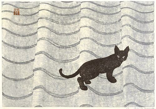 kittehkats:
“Masaharu Aoyama - “Cat on Roof” ”
Aoyama Masaharu 青山正治 (1893-1969)
Cat on a tile roof カワラ猫 (kawara neko) - Japan - 1950