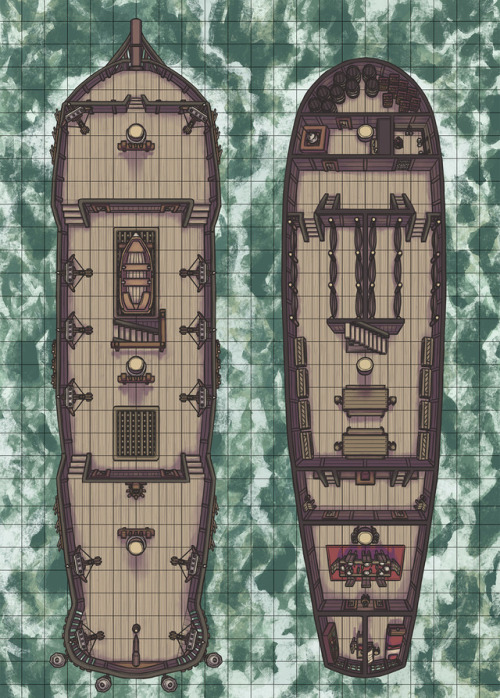 crossheadstudios: Row, row, row your boat. Been working on expanding my list of transport battlemaps, featuring vehicles one might often use when preparing a long journey from point A to B. This month I focused on naval transport, starting with small