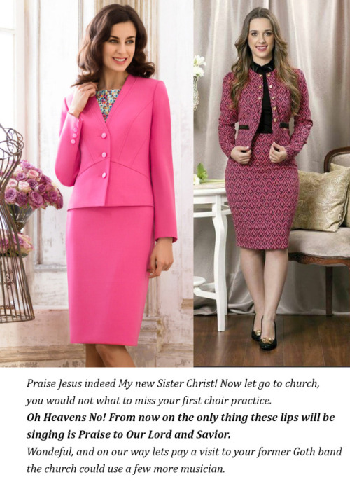 What a lovely suit! This is the feminine look your husband would want!