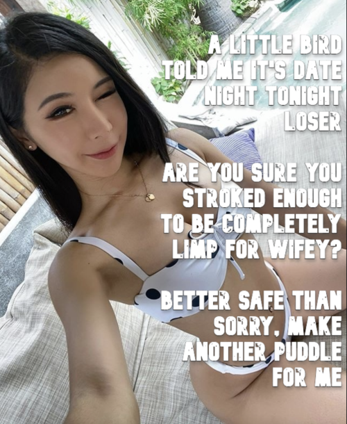 herpderp999:  Goddess has you stroke extra much on date nights. She doesn’t want you to accidentally get hard for wifey. Only a dead bedroom is a good bedroom. Drain your balls for her till you shoot blanks.