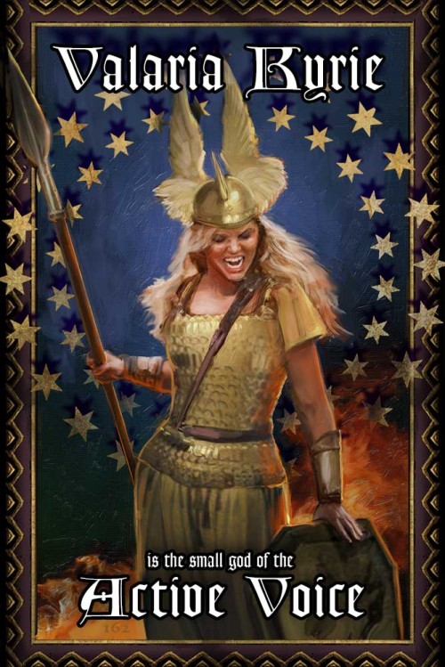 [image description: A fierce-looking woman stands framed in a 2 rows of gold stars. She wears golden