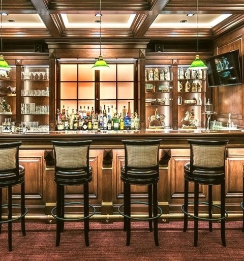 Home Bar Denver Large Elegant Carpeted And Red Floor Seated Home Bar Photo With Granite Countertops,