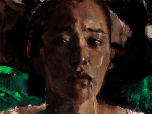 painting of oh young-sook from The Call with a vegetable dangling from her mouth, looking strong and miserable as her "mother" ties back her hair.