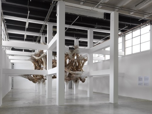 artchipel:  Henrique Oliveira (b.1973, Brazil)  Creating a spectacular and invasive Gordian Knot, Henrique Oliveira plays with Palais de Tokyo’s architecture, allowing a work that combines the vegetal and the organic to emerge. The building itself becomes