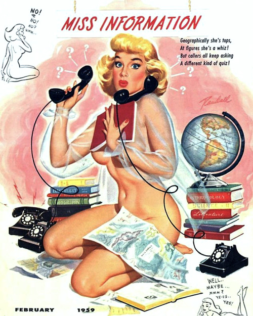 Miss Information / date book calendar pin-up by Bill Randall, February 1959.