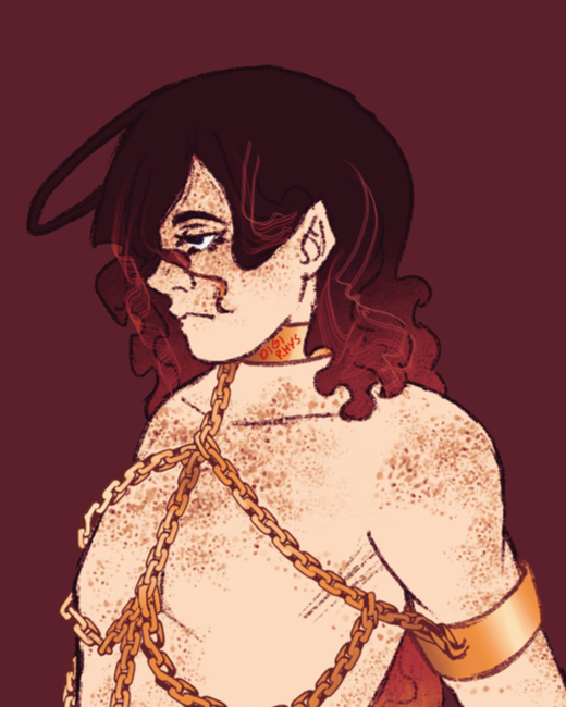 Cropped colored drawing of Rory from chest-up, head tilted down and expression sultry. It wears a gold collar and cuff around its upper arm, gold chains hanging and looping from both.