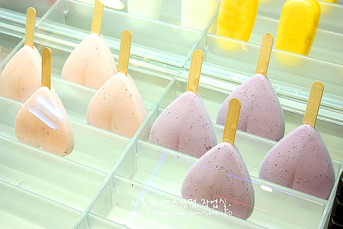 southkoreanfood:  Popsicles @ ICE FACTORY in Anyang, South Korea. It is a small cafe that makes homemade gelato, gelato popsicles, yogurt popsicles, and sherbet popsicles with the freshest ingredients. Some of the flavors include chocolate, cream cheese,