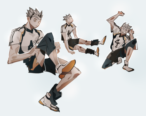 [ID: 3 poses of Bokuto, in all the drawings he is wearing his Fukurodani jersey. The first is on the