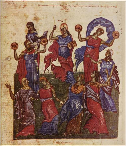 Miriam’s dance (Exodus 15:20).  Illustration from the Bulgarian “Tomic Psalter”, artist unknown; ca.