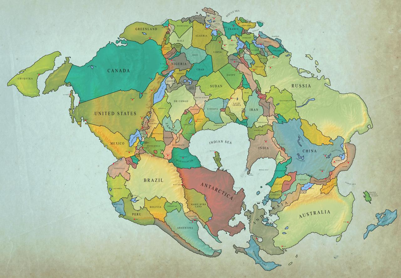 How Earth will look with current international borders in 250 million years. One possible outcome.
Pangaea with current international borders >>