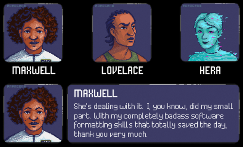 dramatic-audio: [ID: pixelated portraits of Maxwell, Lovelace, and Hera from Wolf 359, done to look 