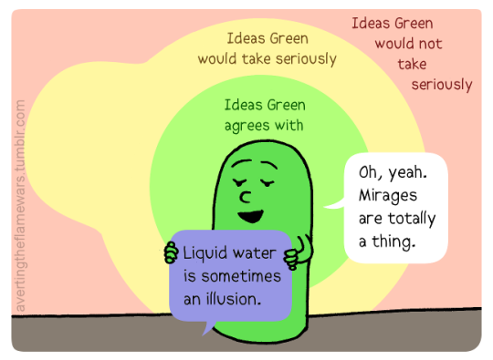 Image: Green person catches the speech bubble. Green person: Oh, yeah. Mirages are totally a thing.