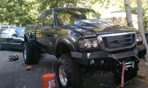 ponies-n-stuff:  1995 Ford Ranger Stepside that ended up being something completely different. The builder (Billy Diesel) converted the truck to a 7.3L twin turbo diesel v8, added stacks, lifted it a bit, converted the front end to a newer Ranger, then