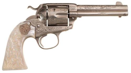 Engraved Texas Ranger Colt Bisley single action revolver with pearl grips, caliber .44-40, manufactu