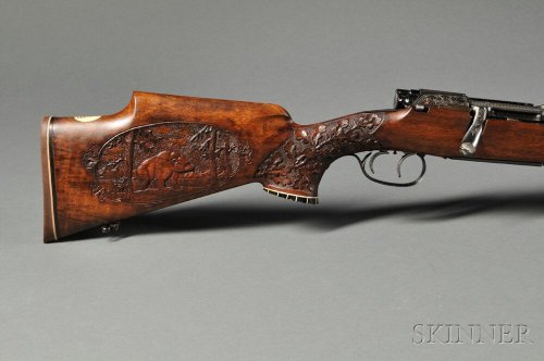 Engraved and relief carved Austrian Model 1952 Mannlicher Schoenauer bolt action hunting rifle.from 