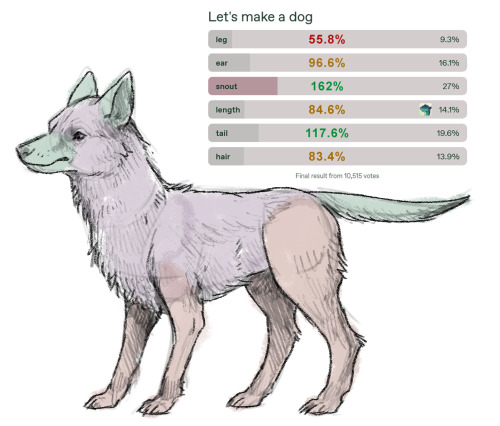 final results of the tumblr dog making poll, next to a pencil sketch of an average looking, shepherd-y dog.