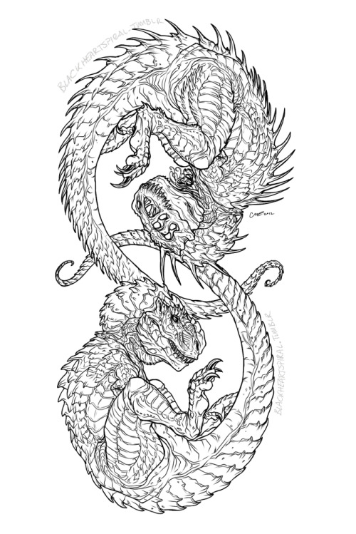 briannacherrygarcia:blackheartspiral:Commission of Tyrannosaurus Rex based Tattoo designs - includin