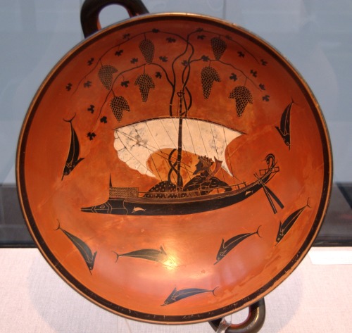 Attic black-figure kylix from Vulci depicting Dionysos on a ship surrounded by dolphins, painted by 