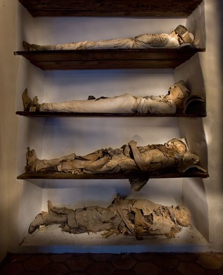 rrayed in crypts and churches, with leering skulls and parchment skin, the desiccated dead of Sicily