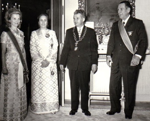Photo from a 1974 state visit of Elena and Nicolai Ceaucescu (center) to Argentina, where they are f