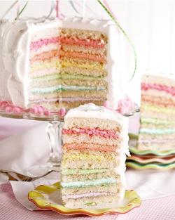 sweetpaulmagazine:Maypole Layer Cake by Amanda Rettke of the blog, ‘I Am Baker’This lovely cake has colorful layers of frosting inside that will delight anyone who sees it!I just LOVE this cake from Amanda’s book “Surprise-Inside Cakes” —