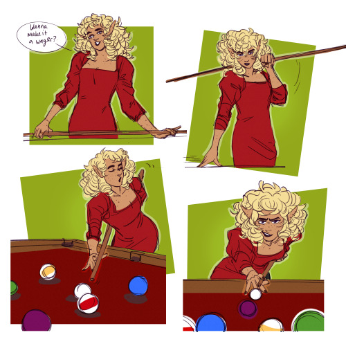 herbgerblin:ID: Four drawings of Lup, an elven woman with a slight build, tan skin, thick, curly blonde hair, and freckles. She is wearing a red, puffy sleeved cocktail dress. She is drawn in various poses in front of a billard table and a pool cue in