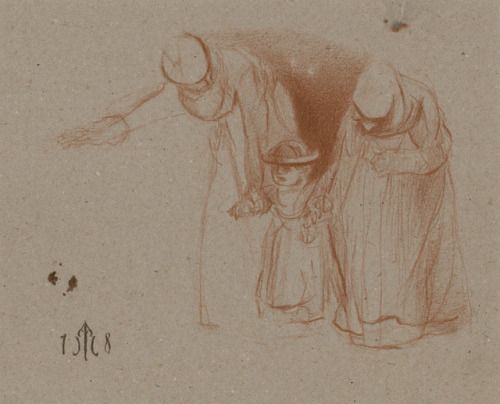 Two Women Teaching a Child to Walk, after Rembrandt, 2018Red chalk on paper, 21 x 25.7 cm 
