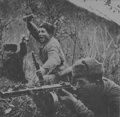 Soviet soldiers of the 83rd Marine Brigade engage in combat with enemy intelligence forces in the Ca