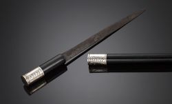 art-of-swords:  Dagger CaneMedium: ebony, silver, steelMeasurements: overall length 35 ½ inches (90.1cm)The walking stick conceals a blade that is revealed with a simple pull of the silver knob. The stick’s shaft is decorated wit silver bands.Source:
