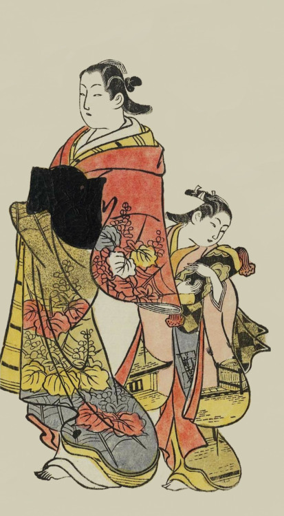 &ldquo;Courtesan and Kamuro&rdquo;.  Ukiyo-e woodblock print, about 1730&rsquo;s, Japan, by artist O