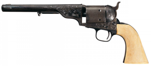 Custom engraved Colt Model 1871-72 revolver with checkered ivory grips.