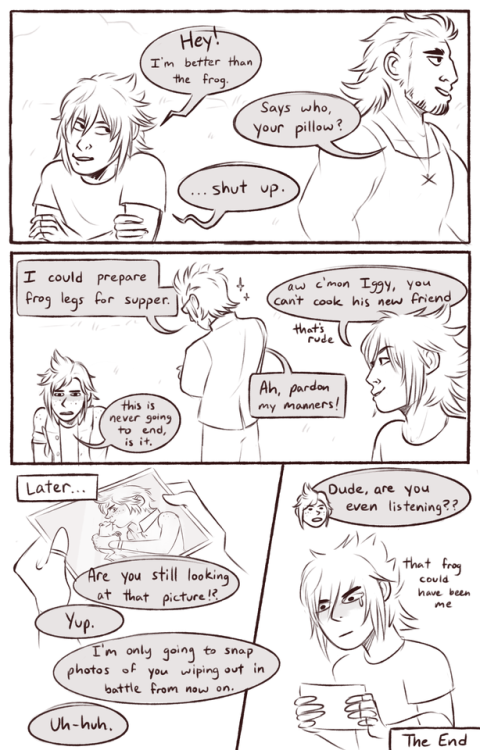 burbled:I’m sorry I draw a bunch of sad ffxv fanart so here’s an unnecessary comic about kissing fro