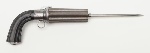 A French double action pinfire Mariette pepperbox with dagger, mid 19th century.