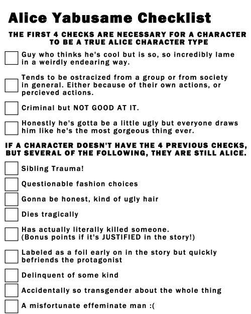 susie-dreemurr:themboyist: yttdie: made an alice yabusame checklist (like the meme) please submit me