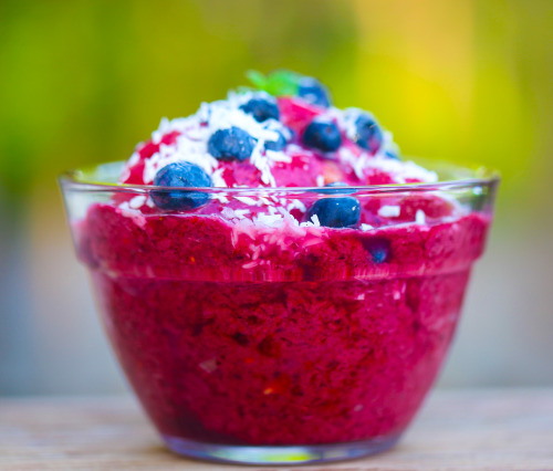 Olenko’s Pretty in Pink Berry Sorbet In the Vitamix or high speed blender mix:1 cup frozen organic r