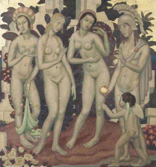 thatsbutterbaby: Ernest Procter, The Judgement of Paris, 1926.  Oil and gold paint on board, 61.00 x
