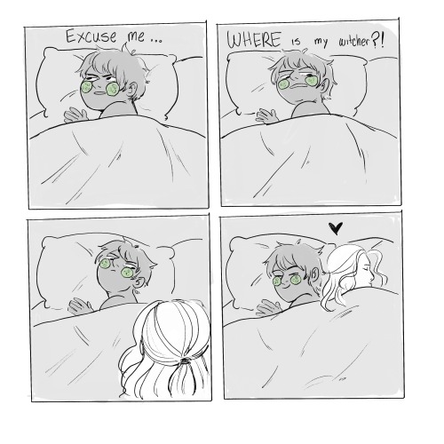 bluedillylee:He can’t sleep without his witcher Based off this delightful comic