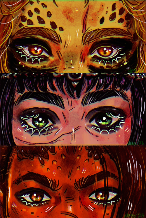 Digital Artwork, made on Procreate, of 3 Origin BG3 Characters Eyes. Top: Lae'zel, Middle: Shadowheart, Bottom: Karlach
